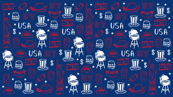 USA Hand draw doodle background. United States Of America popular symbols and elements. Vector illustration. — Stock Vector