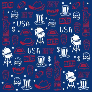 ABD El karalama arka planı. Amerika Birleşik Devletleri popüler semboller ve unsurlar. Vektör illüstrasyonu.