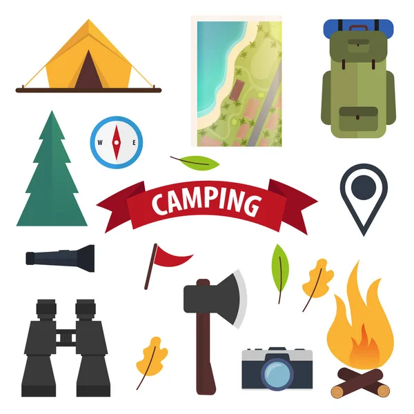 Iconos planos del campamento de verano. Tienda, bosque, mochila, hoguera. Ilustración vectorial . — Vector de stock