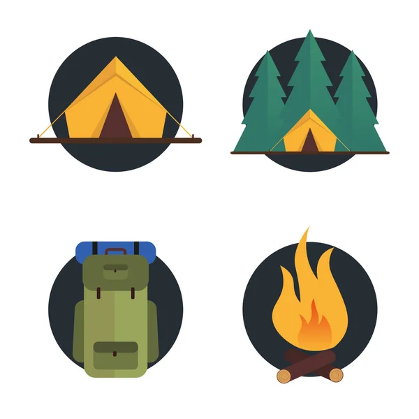 ไอคอนแคมป์ฤดูร้อน เต็นท์ ป่า กระเป๋าเป้สะพายหลัง ไฟไหม้ รูปแบบเวกเตอร์ . — ภาพเวกเตอร์สต็อก