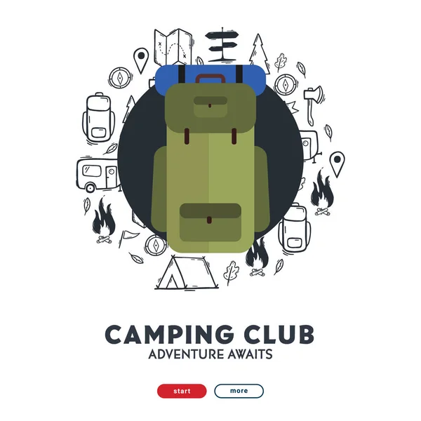 Sommerlager mit Rucksack. Camping Hand Doodle Hintergrund zeichnen. Vektorbanner-Illustration. — Stockvektor