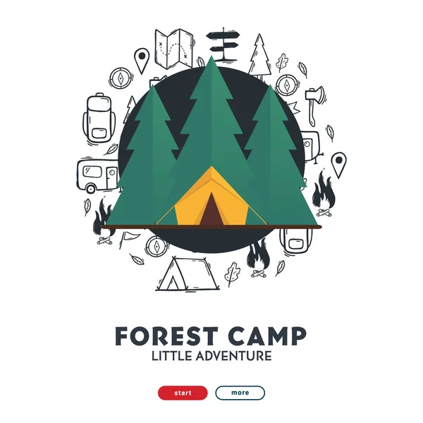 Acampamento de verão com floresta plana. Acampar mão desenhar fundo doodle. Ilustração de banner vetorial . — Vetor de Stock