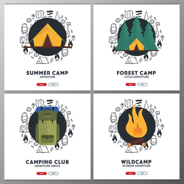 Sommerlager-Banner. Camping Hand Doodle Hintergrund zeichnen. Vektorillustration. — Stockvektor