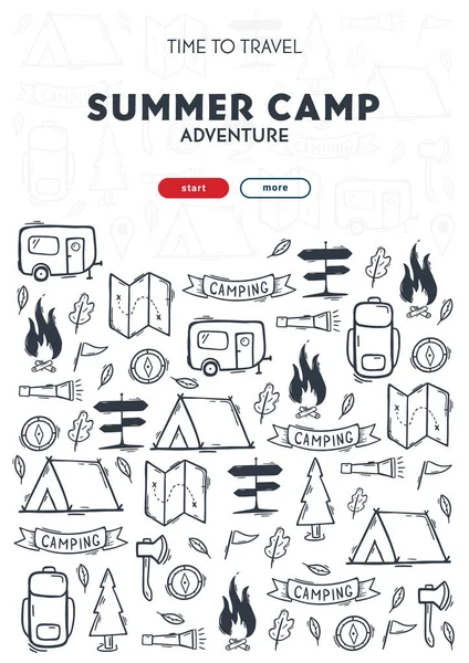Summer camp. Camping hand draw doodle background. Vector banner illustration. — Stock Vector