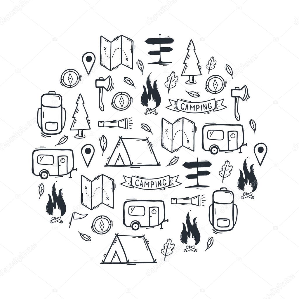 Summer camp. Camping hand draw doodle background. Vector illustration.
