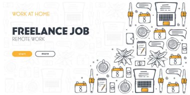 El çizimi arka planı olan serbest pankart. Uzak çalışmanın popüler sembolleri ve ögeleri.