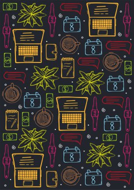 Uzak çalışma elementleri ve popüler sembollerle serbest elle çizim arkaplanı.