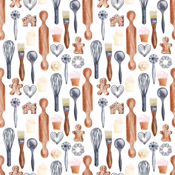 Watercolor seamless pattern with cooking tools and holiday sweets