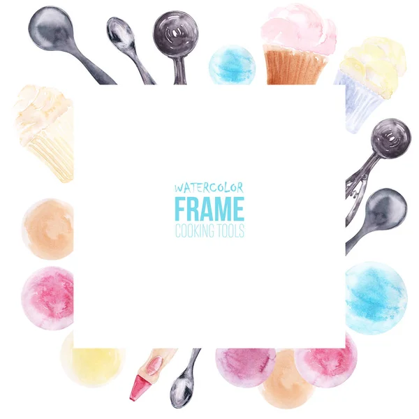 Watercolor frames with cupcakes, ice cream and cooking tools