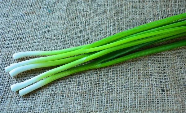 Tas Oignons Verts Gît Sur Une Toile Jute Vue Face — Photo