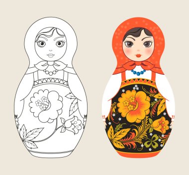 Eşarplı geleneksel Rus bebek matryoshka. Geleneksel teknikle resim boyama - Altın Khokhloma. Çizgi film tarzında vektör illüstrasyonu. Renk sayfası.