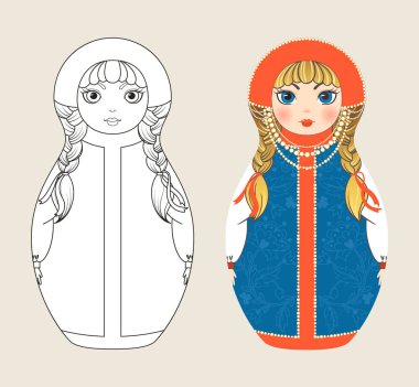 Geleneksel Rus bebek matryoshka, sarı örgülü, Kokoshnik 'te. Boyama sayfası. Çizgi film tarzında vektör illüstrasyonu.