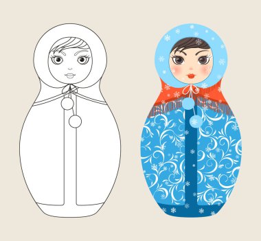 Geleneksel Rus bebeği - matryoshka. Boyama sayfası. Çizgi film tarzında vektör illüstrasyonu.