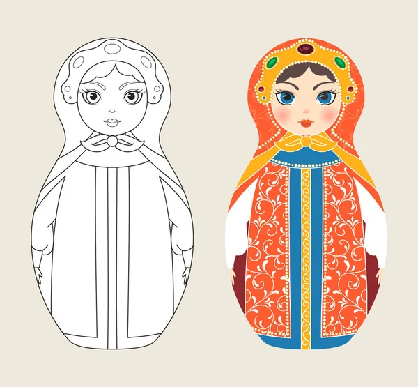 Poupée Traditionnelle Russe Matryoshka Kokoshnik Coloriage Illustration Vectorielle Dans Style — Image vectorielle