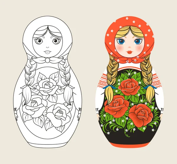 Eşarplı geleneksel Rus bebek matryoshka. Resim - güller. Geleneksel teknikle resim boyama. Boyama sayfası. Çizgi film tarzında vektör illüstrasyonu.