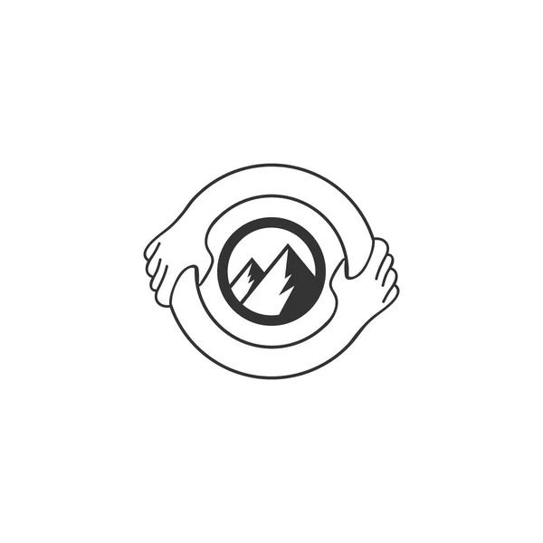 Simbolo o modello di logo. Stringere la mano Incorporato nella Lettera 0 Concetto. Isolato, salvare l'idea di montagna — Vettoriale Stock