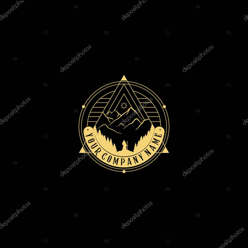 Abstract nature logo. Vector geometric badge. Sacred alchemic symbol. Outline icon of abstract shapes, piramyd - business emblem for design card, alchemy, zen, ecology, religion concepts, yoga Center, man looking a big mountain