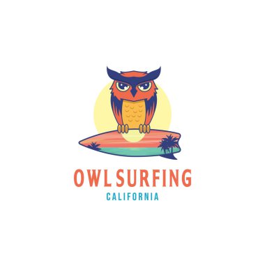 baykuş sörf logo tasarım ilham, sörf tahtası nda bir günbatımı plaj ile