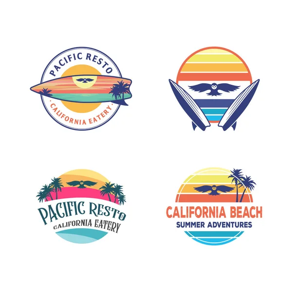 Set logo ontwerpen, Owl surfen logo ontwerp inspiratie, met een zonsondergang strand in de surfplank — Stockvector