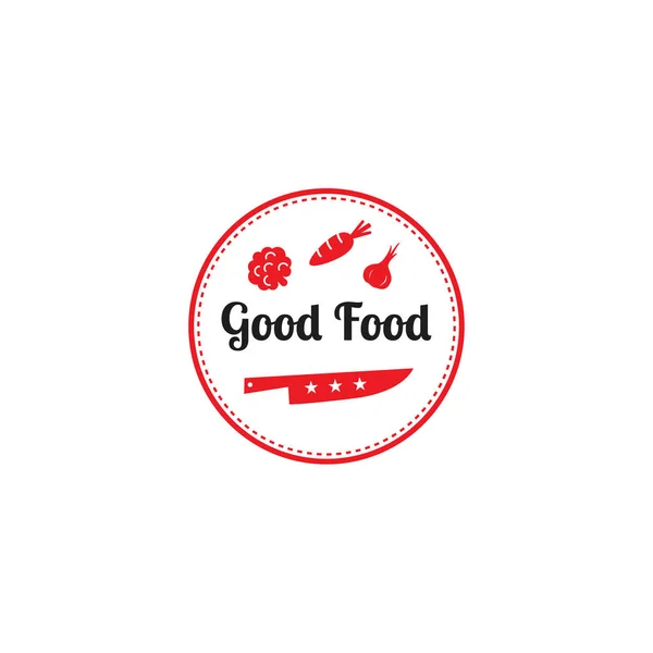 Jó étel logo design sablon. Grafikus kés és zöldség ikon szimbólum a kávézó, étterem, főzés üzlet. Modern lineáris vendéglátóipari címke, embléma, jelvény bekarikázott — Stock Vector