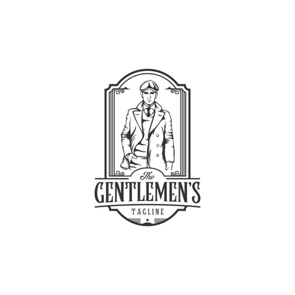 Logotipo vintage com homem ousado com um terno. Logotipo de cavalheiro elegante em estilo vintage gravura —  Vetores de Stock