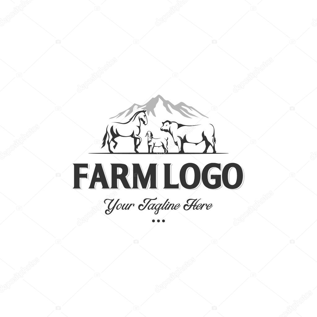 Monochrome label of farm animals cow, horse and goat with the mountain background