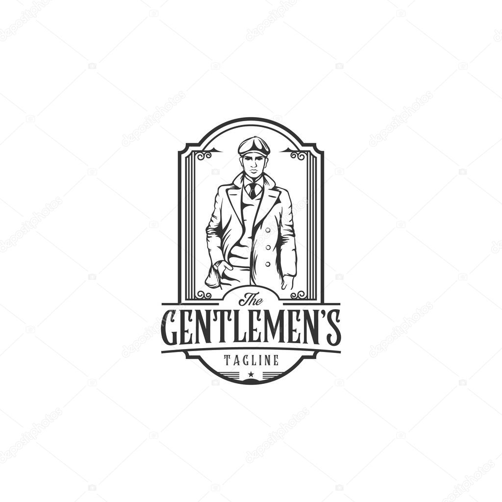 Vintage logo with bold man with a suit. Elegant gentleman logo in vintage etching style