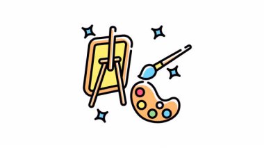 Sanat stüdyosunun resim sehpası, boya fırçası, palet ve ilham verici bir yaratıcılık için parıltı içeren ikon animasyonu. Sanatla ilgili tasarım ve projeler için uygun.