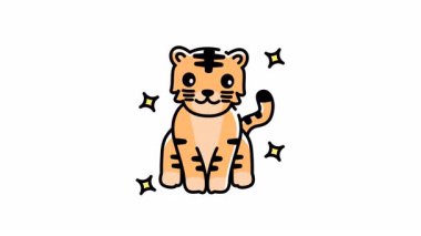 Parlayan sarı yıldızlı şirin kaplan animasyonu, çocuk kitapları, web siteleri ve sosyal medya içeriği için mükemmel. Hoş ve eğlenceli bir tasarım..