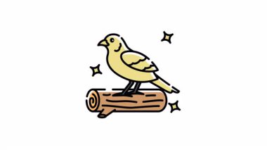 Kanarya çizgi film ikonu hareketli altın kuş yıldızları tünemiş kütük. Çocuk resimleri, eğlenceli marka tasarımları ve animasyon içeriği için uygun.