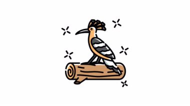 Titreşen sihirli yıldızların ortasında bir kütüğe tünemiş kutsal titreşimli Hoopoe kuş ikonu animasyonu. Doğa için uygun tasarımlar veya gök temaları.