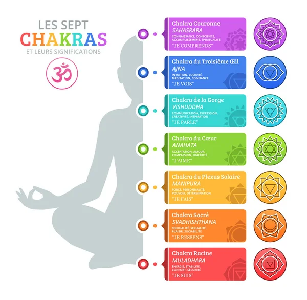 Los Siete Chakras Sus Significados Francés — Archivo Imágenes Vectoriales