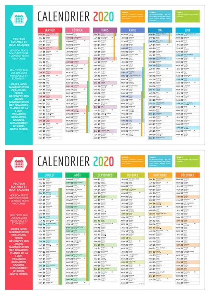 2020 Calender, Fransızca. Düzenlenebilir ve çok katmanlı.