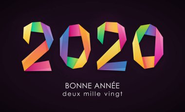 Mutlu yeni yıl 2020 origami tarzı numaraları ile, Fransız renkli kart.