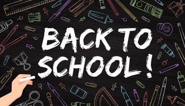 Geri okul-ofis malzemeleri bir tahta üzerinde tebeşir ile çizilmiş