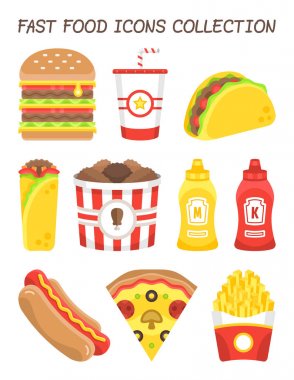 Fast Food Simgeler / Logos Koleksiyonu - Hamburger, hotdog, pizza, tacos, patates kızartması, vb.