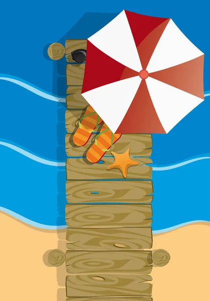 Tempo d 'estate con passerella in legno sul mare e spiaggia — Vector de stock