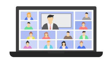 Ders ya da online öğrencilerin buluşması. Uzaktan öğrenme koronavirüs karantina programı. Vektör çizimleriyle evde kal. Acil okul, üniversite sınavı ya da kursu.