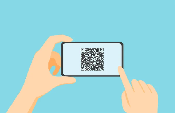 QR Digitalização de código de ilustração, mãos segurar o telefone com o código na tela. Pode ser usado para um site, como uma landing page — Vetor de Stock