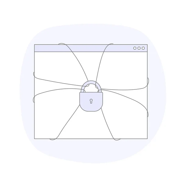 Platsen är bunden med rep och ett lås. Webbsida under block, webbplats med lås, säkert koncept, säkerhet, webbplats, webbläsare eller trafikskydd, begränsad åtkomst. — Stock vektor