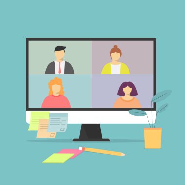 Not defterindeki ekranda insanlarla görüntülü konuşma. İş görüşmesi. Görüşmeler .