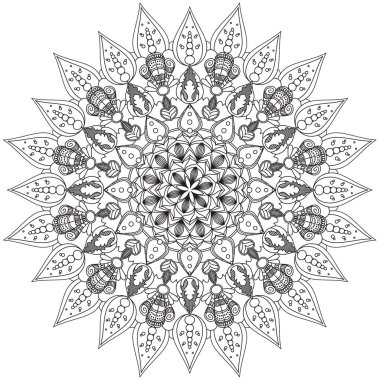 Mandala karmaşık desenleri siyah ve beyaz iyi bir ruh hali. Çiçek Vintage dekor elementleri Oriental. Yuvarlak süsleme, mandala, etnik dekoratif unsur, boho style, zentangle.
