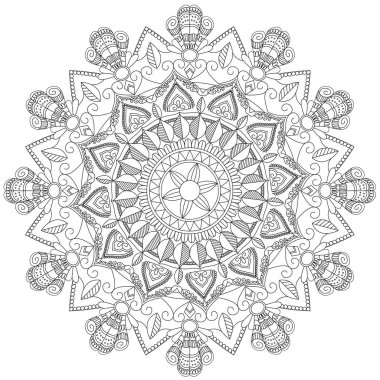 Mandala karmaşık desenleri siyah ve beyaz. El arka plan çekilmiş. Dekoratif retro afiş izole. Davet, tişört baskı, düğün kartı, scrapbooking. Dövme öğesi.