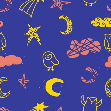 gece gökyüzü baykuş bulut yıldız sorunsuz tekrar desen tasarımı