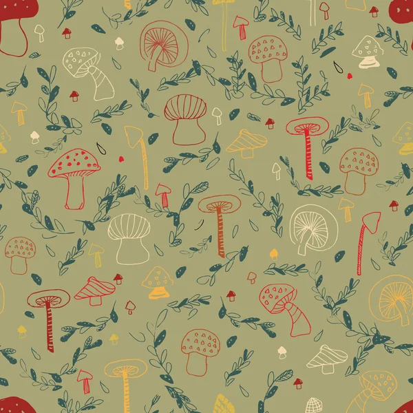 林地蘑菇线无缝图案 — 图库矢量图片