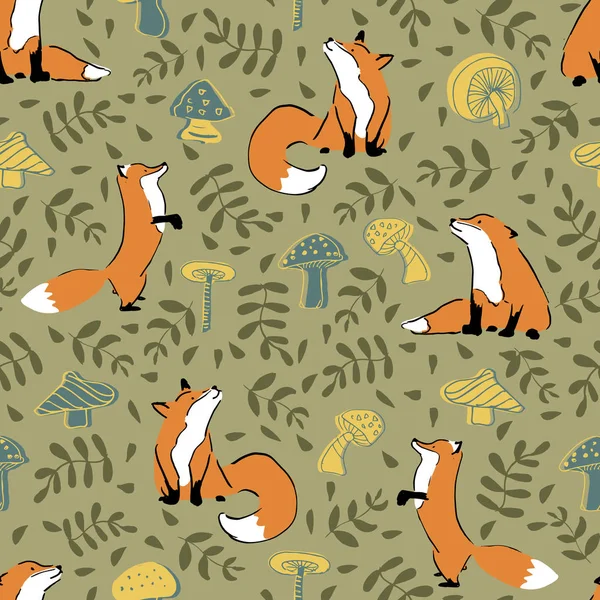 Śliczne Fox grzyb pozostawić bezszwowe wzór — Wektor stockowy