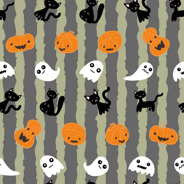 Patrón sin costura de rayas verticales de calabaza fantasma gato negro de Halloween — Vector de stock