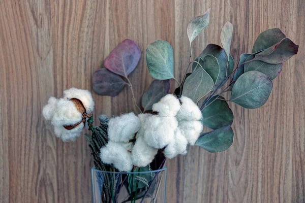 Білі Бавовняні Квіти Гілці Листям Скляній Вазі — стокове фото