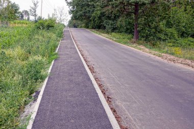 Yemyeşil ağaçlar ve çalılar bir boş asfalt yol ve bir patika boyunca