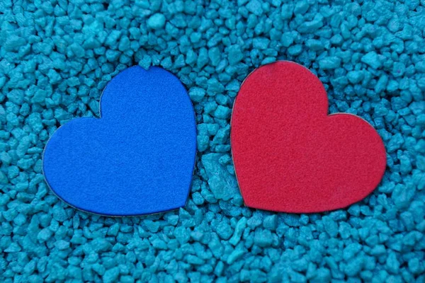 Blaues Und Rotes Herz Flachen Blauen Sand — Stockfoto